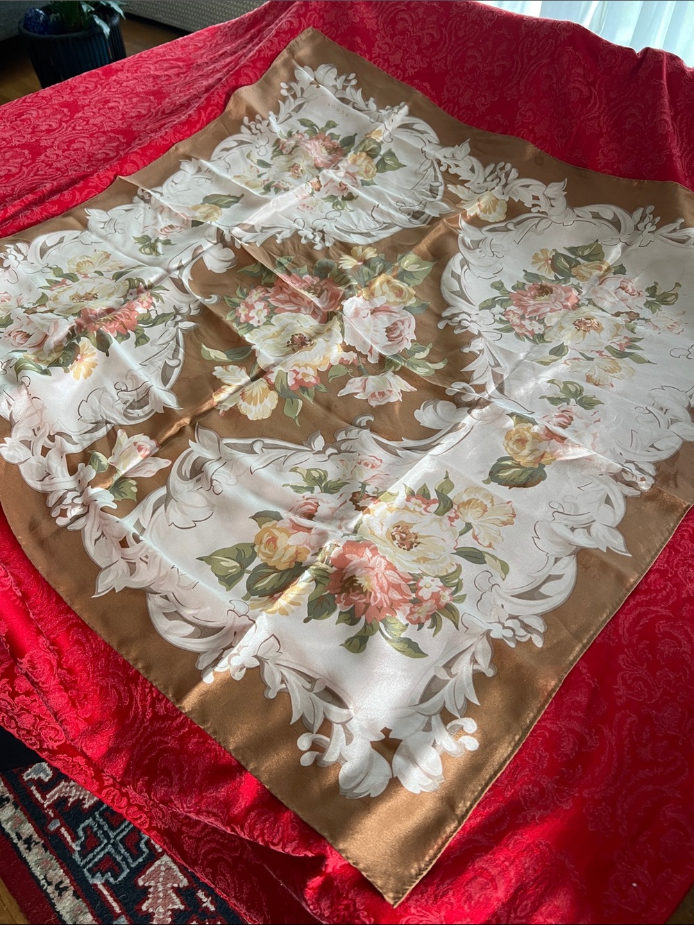 Vintage Echo 100% Silk Scarf 34" Floral Brown Cream Made in Japan Large Square